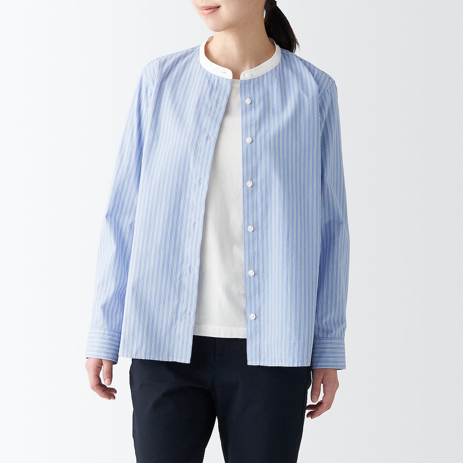 Washed Broad Stand Collar Long Sleeve Shirt - Women