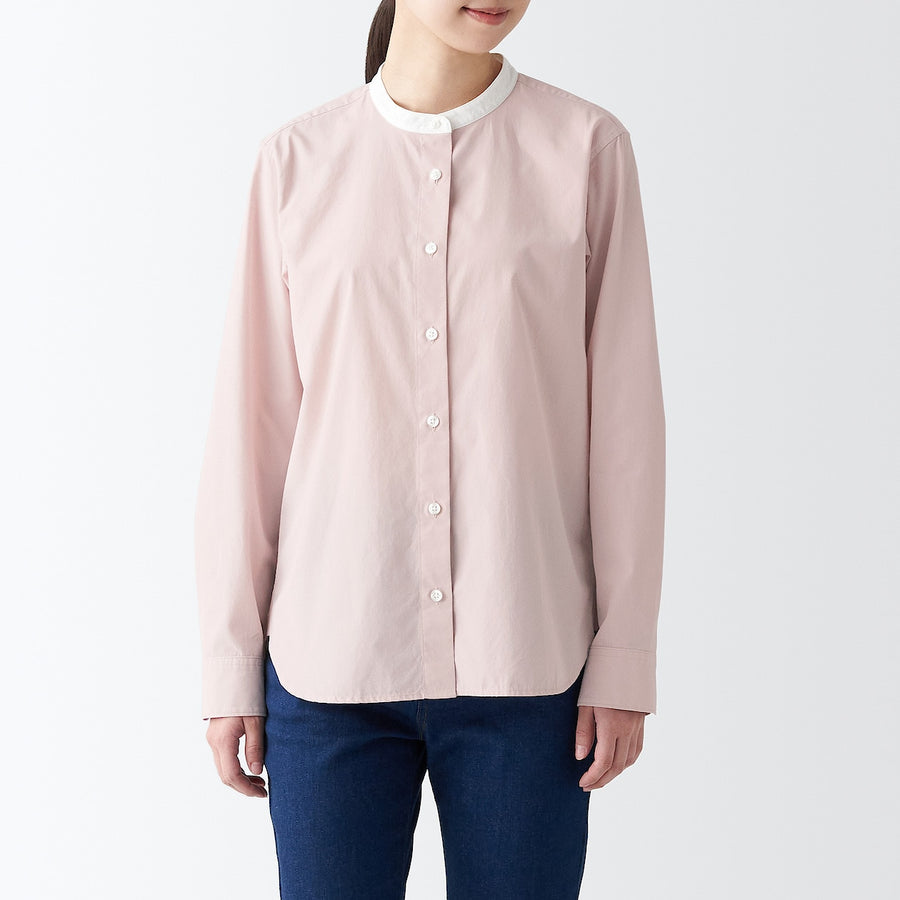 Washed Broad Stand Collar Long Sleeve Shirt - Women