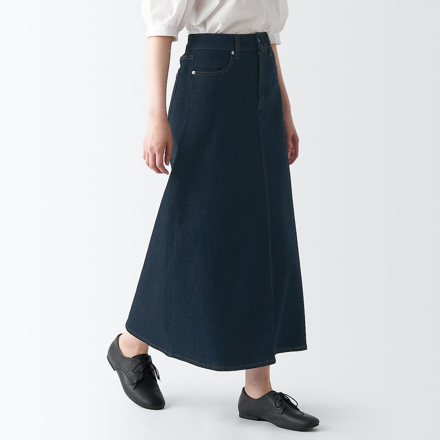 Stretch Denim Maxi A-Line Skirt