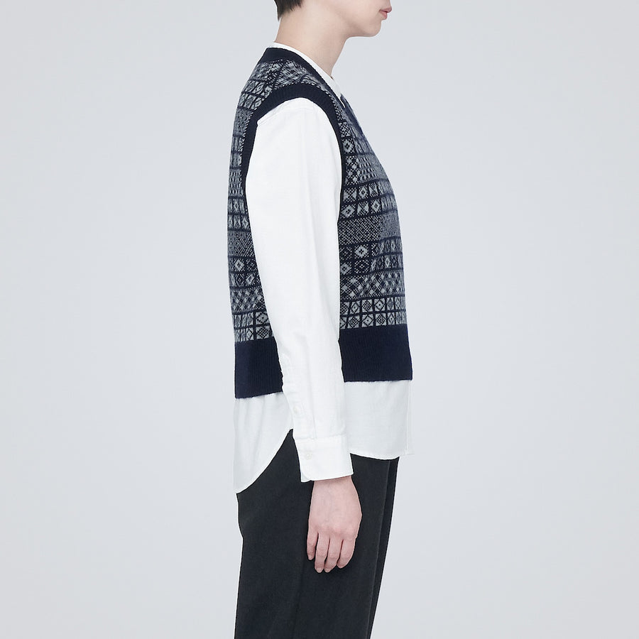 Wool Jacquad pattern V neck VestCharcoal gray patternXS
