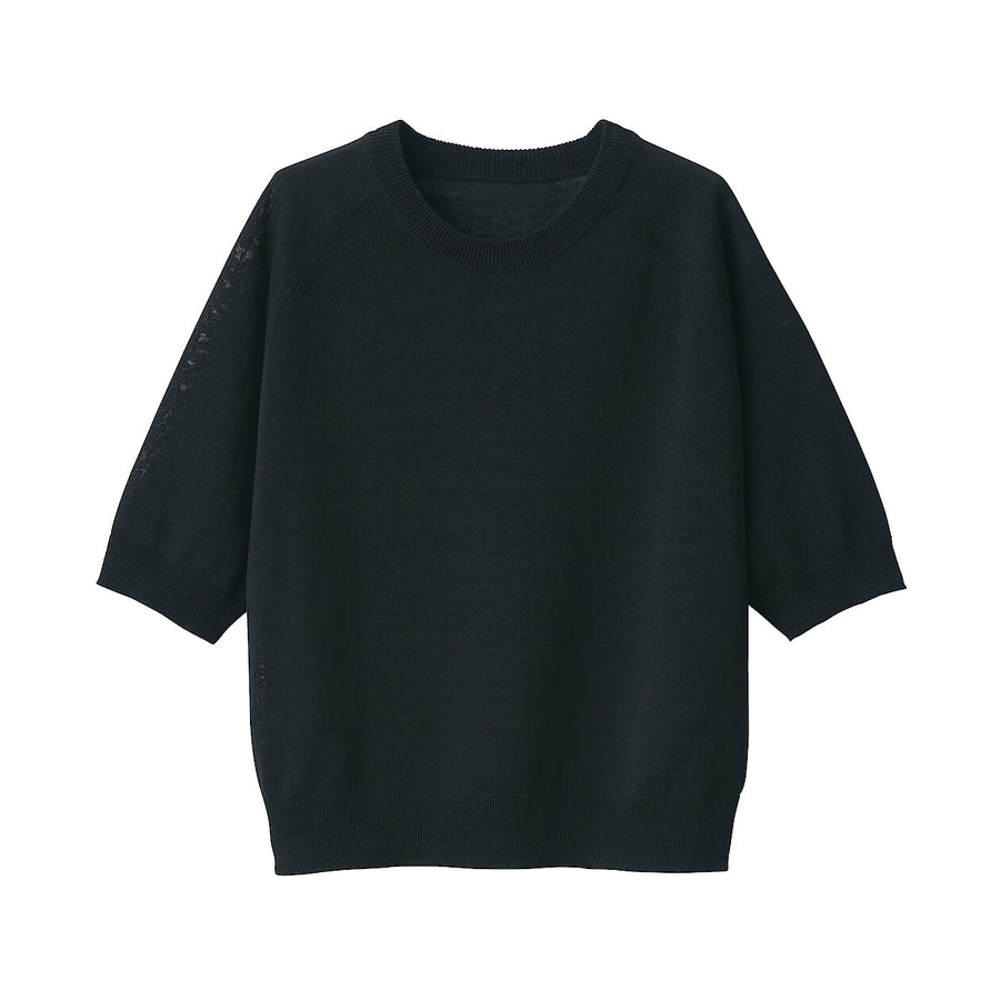 Women's Hemp blend Crew neck Half-sleeve sweaterBlackXS