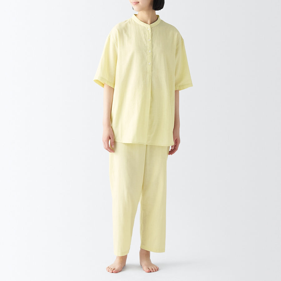 W's side seamless LW gauze half slv pajamasL yellow stripeXS