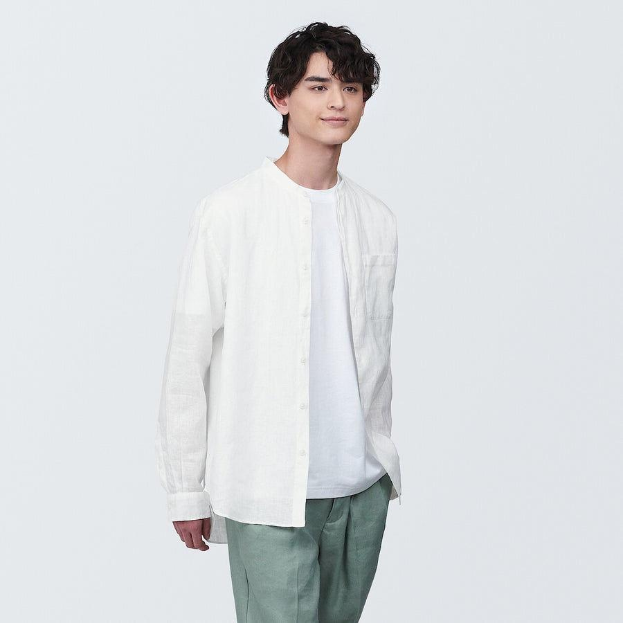 M's Linen washed stand collar L/S shirtWhiteXS