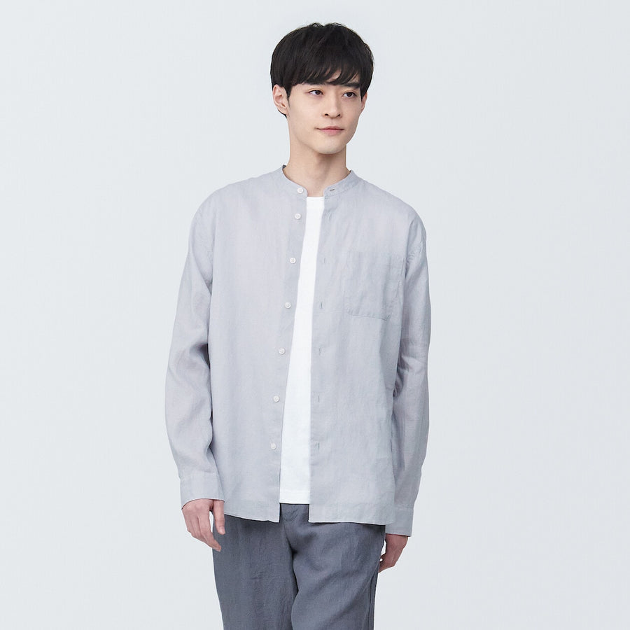 M's Linen washed stand collar L/S shirtWhiteXS