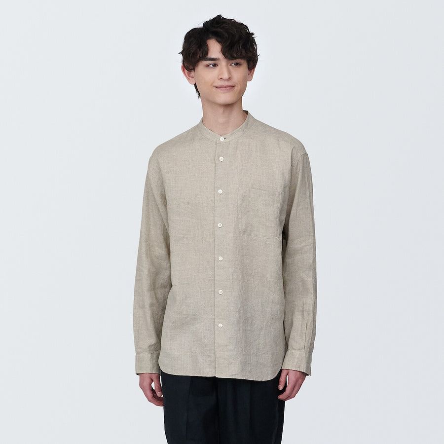 M's Linen washed stand collar L/S shirtWhiteXS