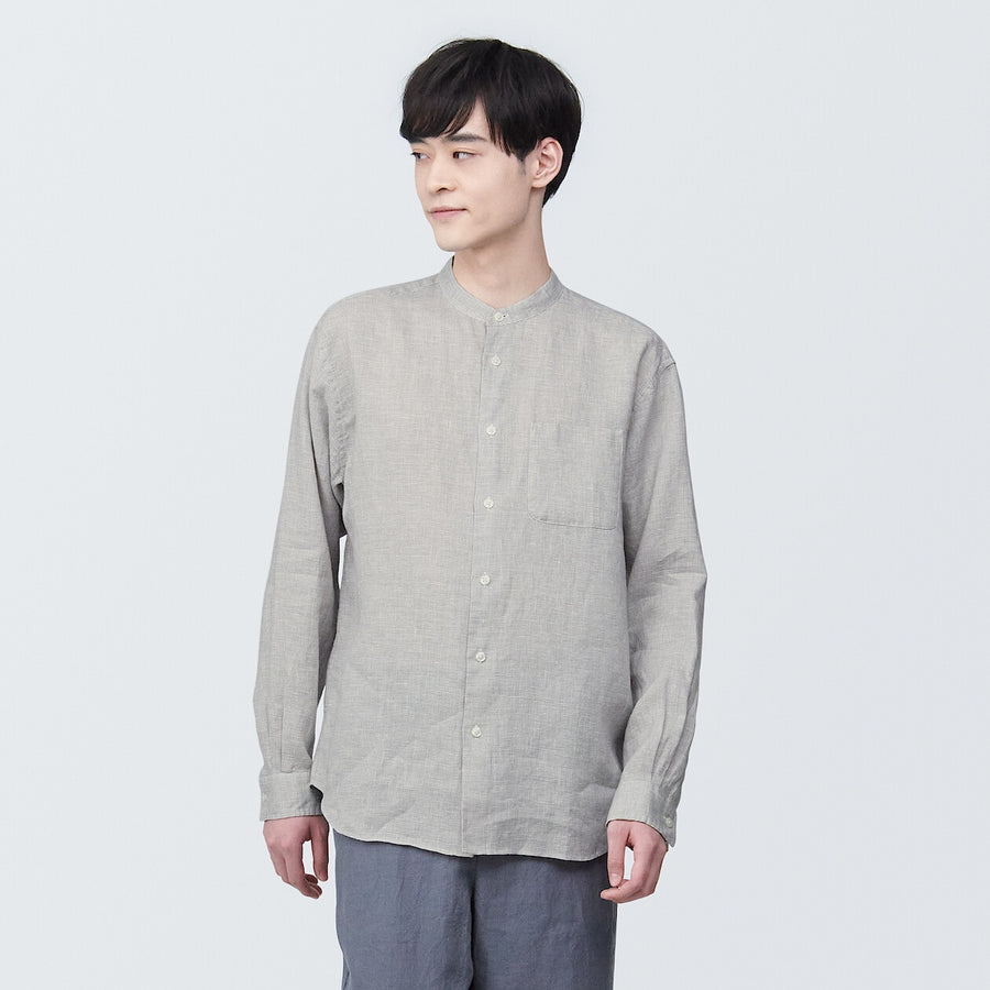 M's Linen washed stand collar L/S shirtWhiteXS