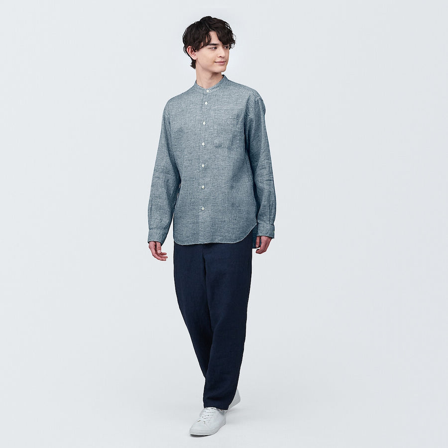 M's Linen washed stand collar L/S shirtWhiteXS