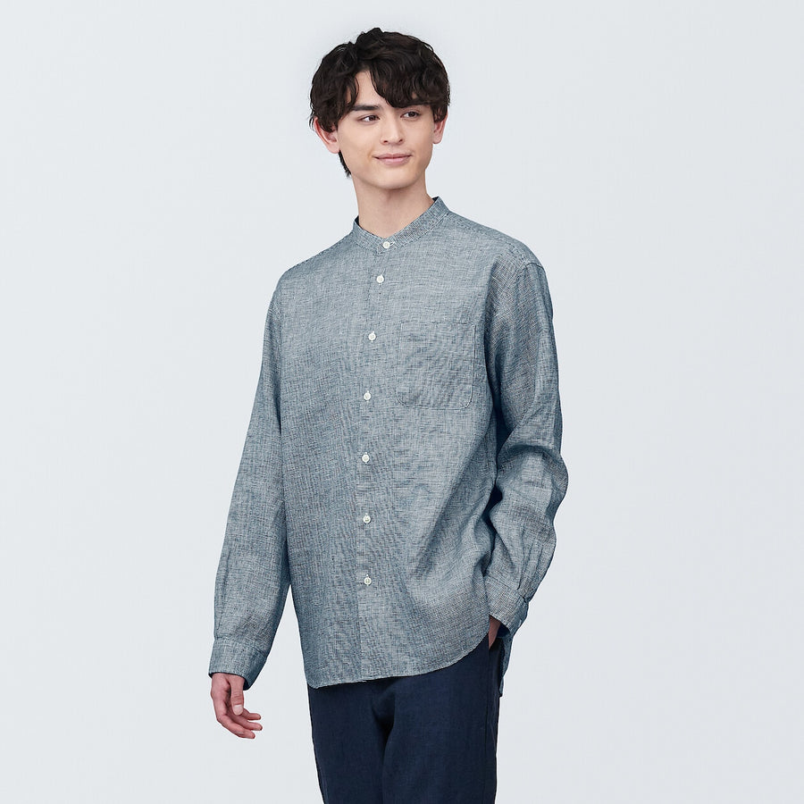 M's Linen washed stand collar L/S shirtWhiteXS