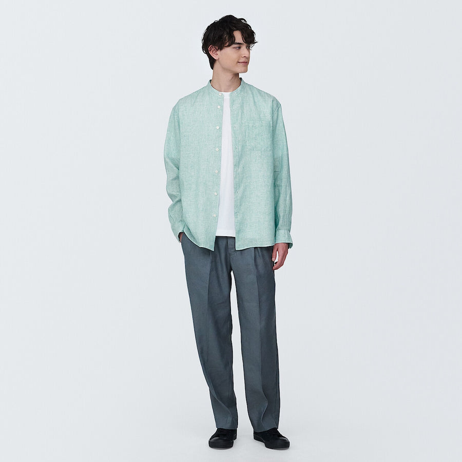 M's Linen washed stand collar L/S shirtWhiteXS