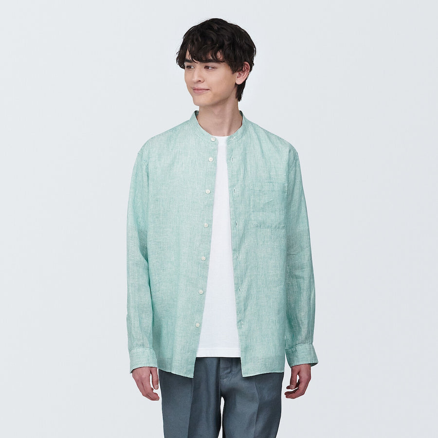 M's Linen washed stand collar L/S shirtWhiteXS