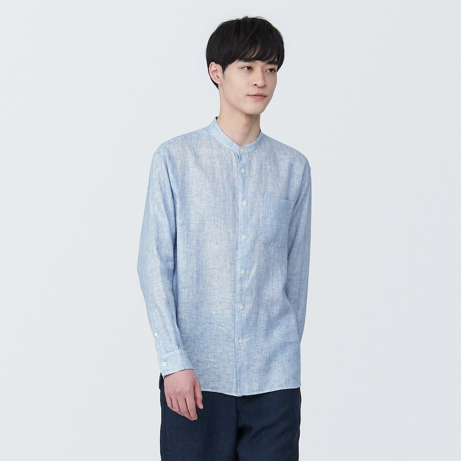 M's Linen washed stand collar L/S shirtWhiteXS