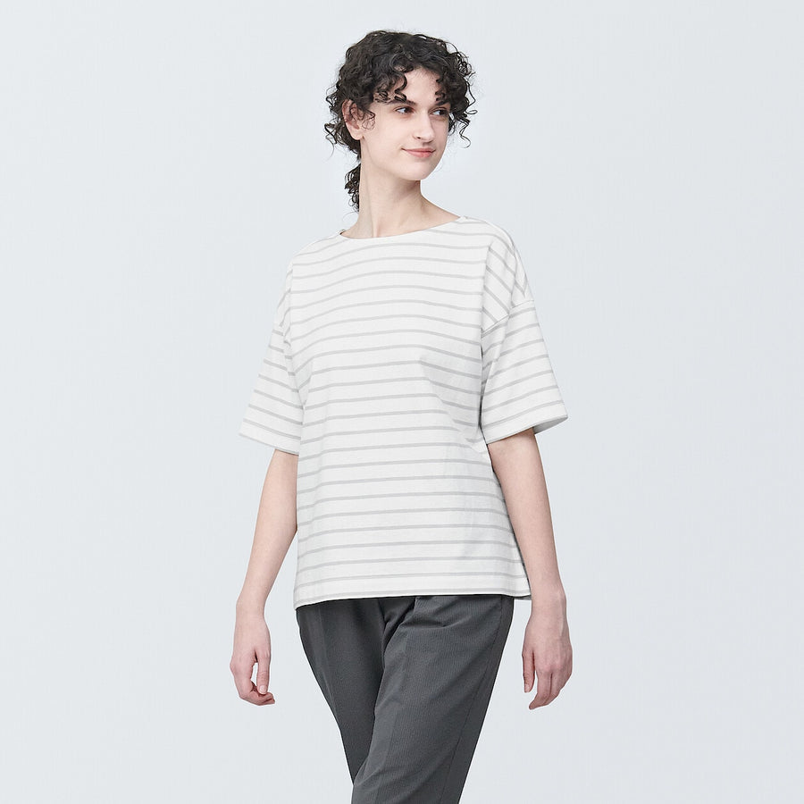 Women's Border Boat neck S/S T-ShirtLight gray stripeXS