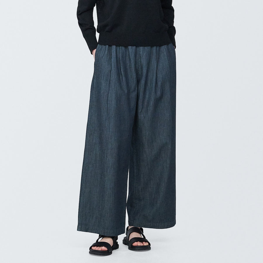 Women's Cotton linen denim Easy wide pants Dark navyXS