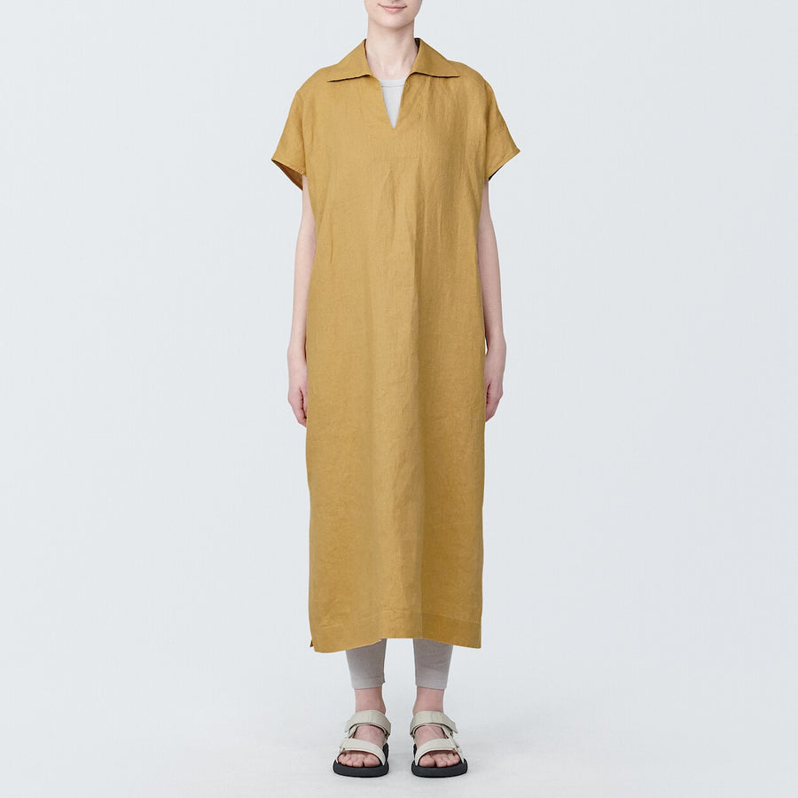 Women's Washed linen Skipper collar S/S dressSmoky yellowXS