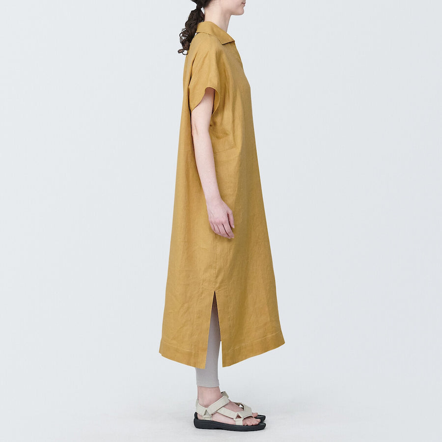 Women's Washed linen Skipper collar S/S dressSmoky yellowXS