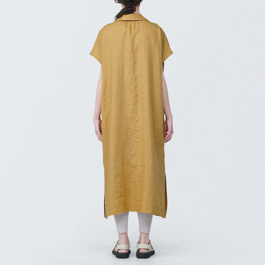 Women's Washed linen Skipper collar S/S dressSmoky yellowXS