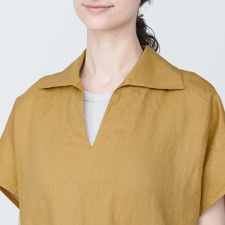 Women's Washed linen Skipper collar S/S dressSmoky yellowXS