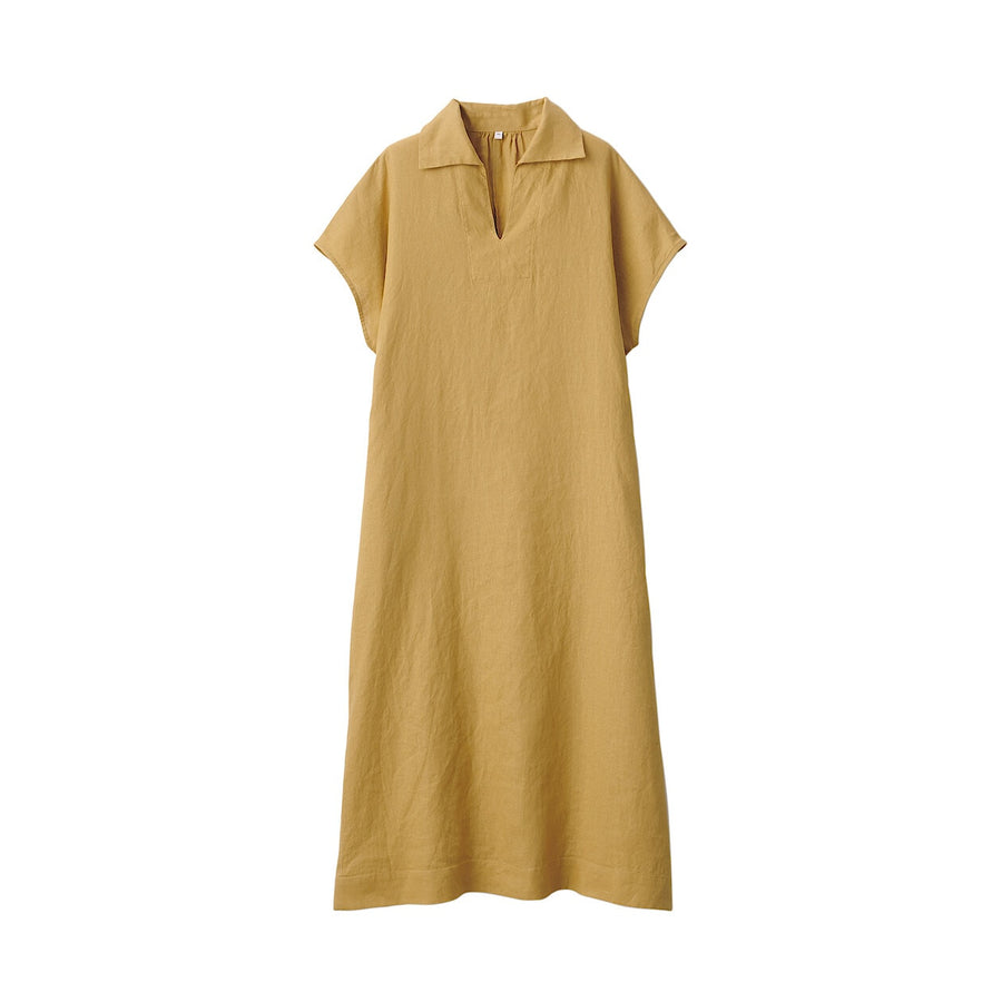 Women's Washed linen Skipper collar S/S dressSmoky yellowXS