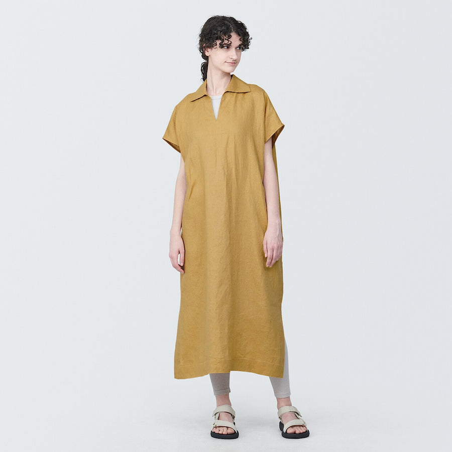 Women's Washed linen Skipper collar S/S dressSmoky yellowXS